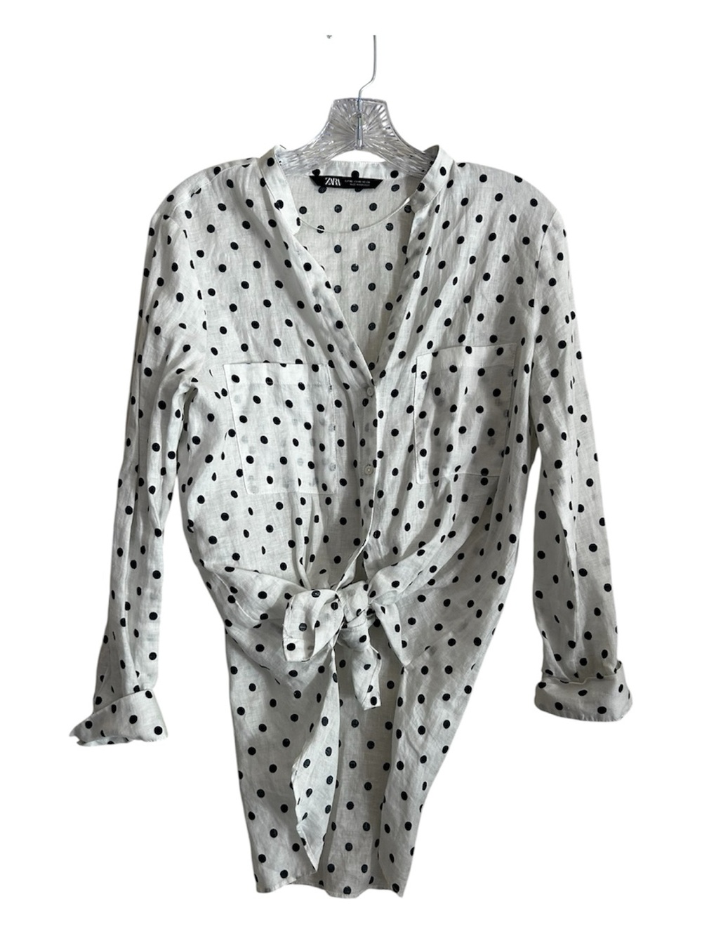 Zara White and Black Polka Dot Long Sleeve Button Down Blouse Size XS